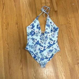 Frankie's Bikinis Light Blue Floral Halter One-Piece Swimsuit EUC